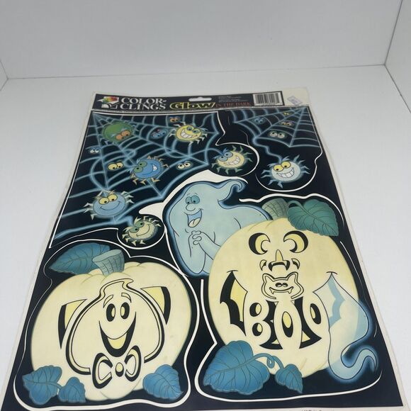 VTG Halloween Window Clings Glow In The Dark Pumpkins Ghosts Spider 2 sheets - Picture 7 of 12